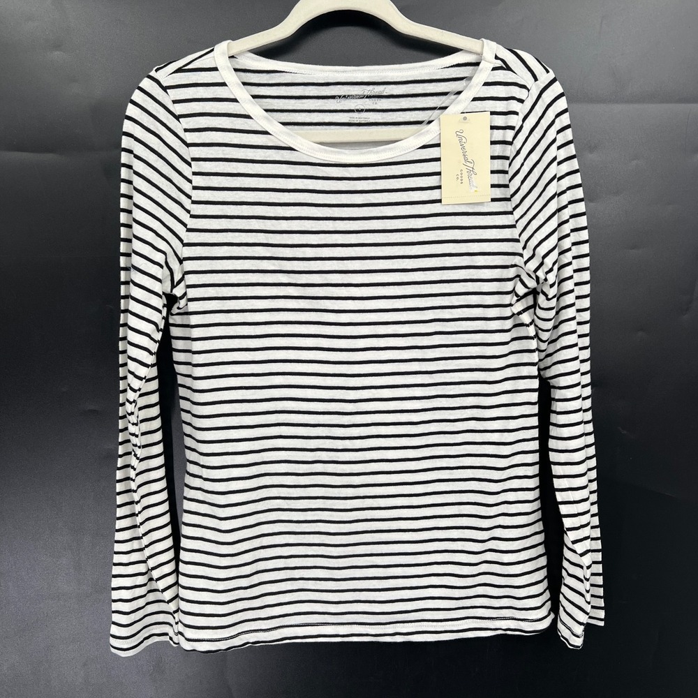 NEW long sleeve black white striped boatneck tee shirt‎ coastal minimalist top S